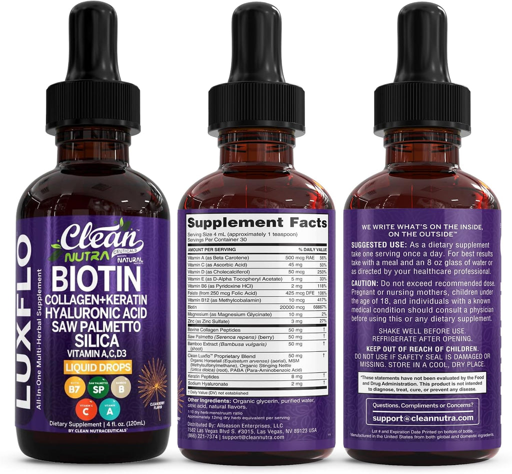 LuxFlo Biotina y Colágeno Líquido - Suplemento Completo para Cabello, Piel y Uñas