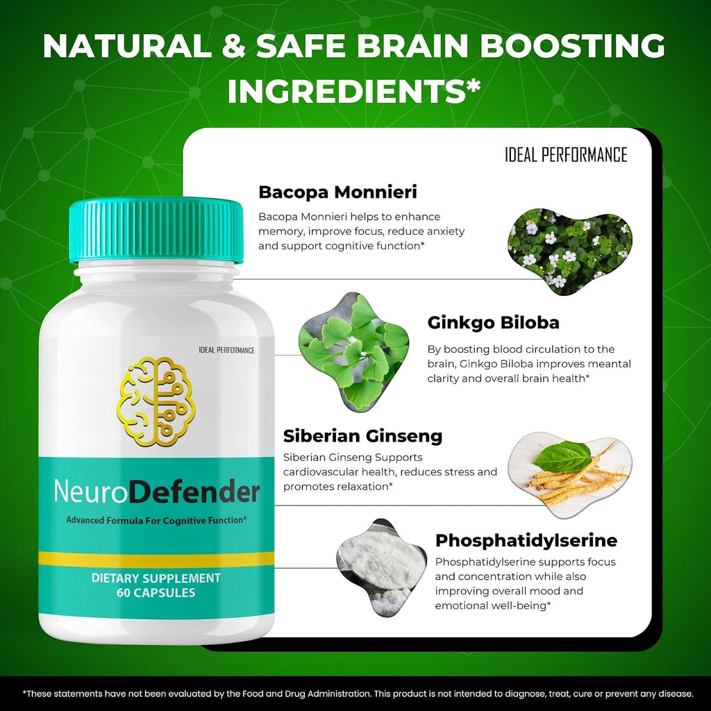 Neuro Defender - Complemento para el Cerebro, Memoria y Concentración, Fórmula Avanzada, 5 Envases