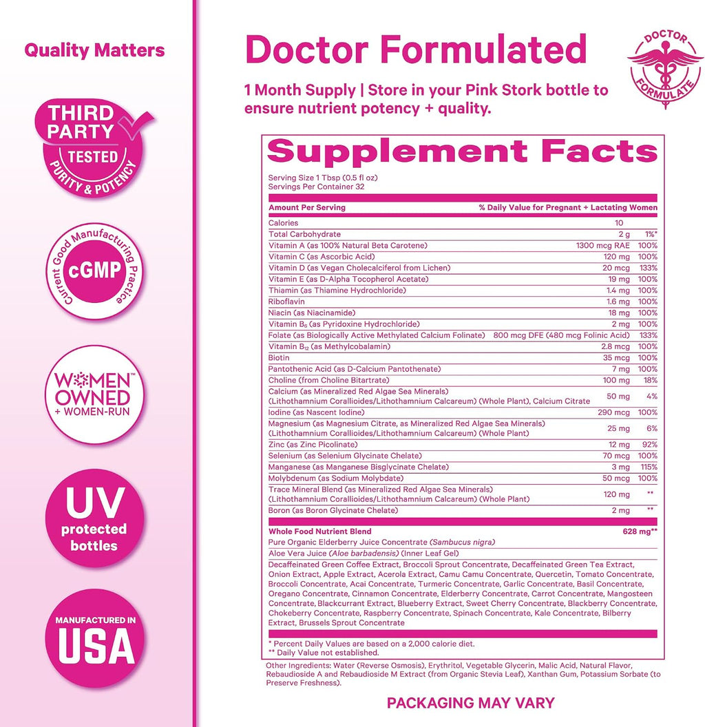 Pink Stork Liquid Prenatal Vitamins for Women – Berry, 64 Servings