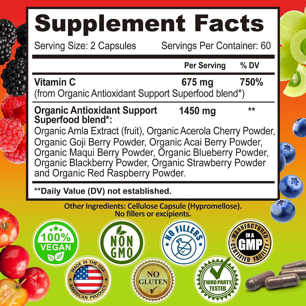 Whole Food Vitamin C Complex - 1450mg Bayas Ecológicas - 675 mg Vitamina C por Dosis, Alto Poder Antioxidante e Inmunológico con Acerola, Amla y Bioflavonoides Naturales - Vegano, No Transgénico, 120 Unidades