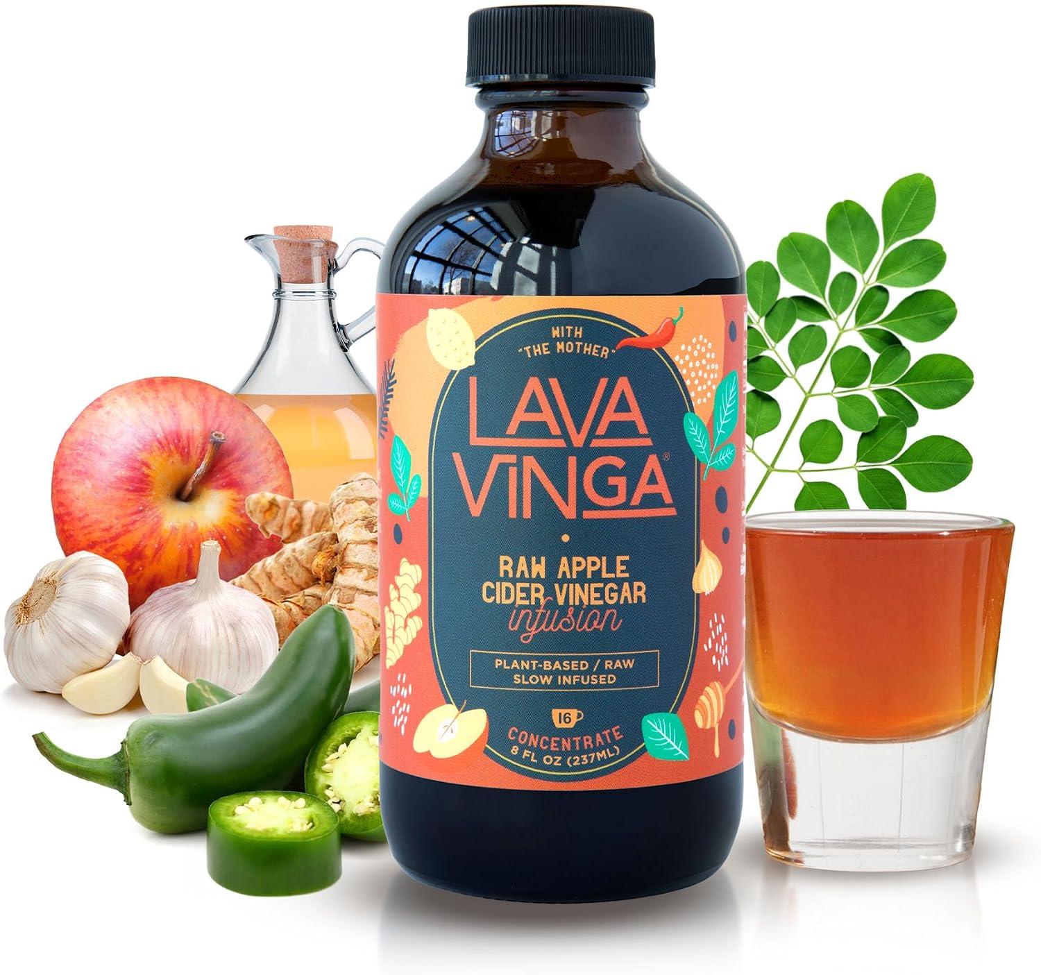 VINGA Lava - Fire Cider de Vinagre de Manzana Crudo con Moringa Oleifera, 240 ml