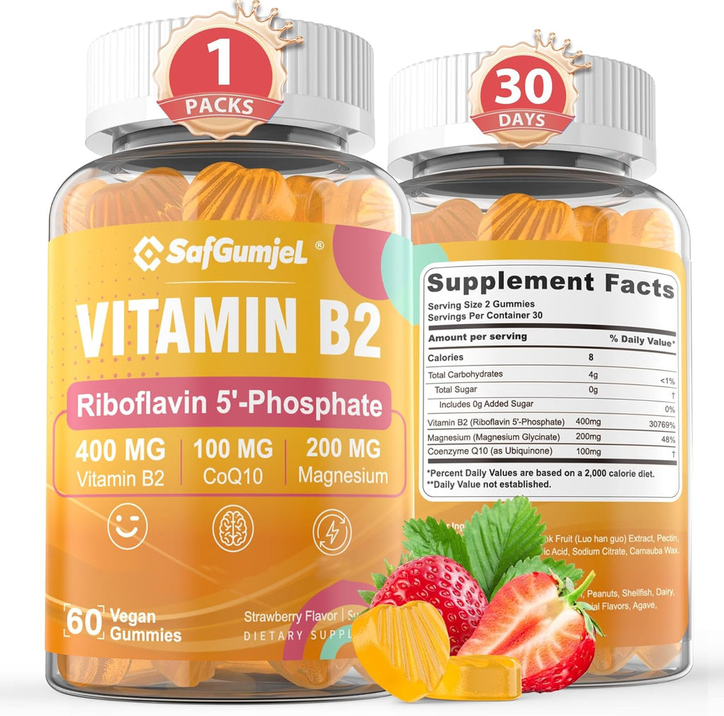 Gominolas de Vitamina B2 400mg – Riboflavina Activa con Magnesio y CoQ10 – Sin Azúcar, Vegano, 60 unidades