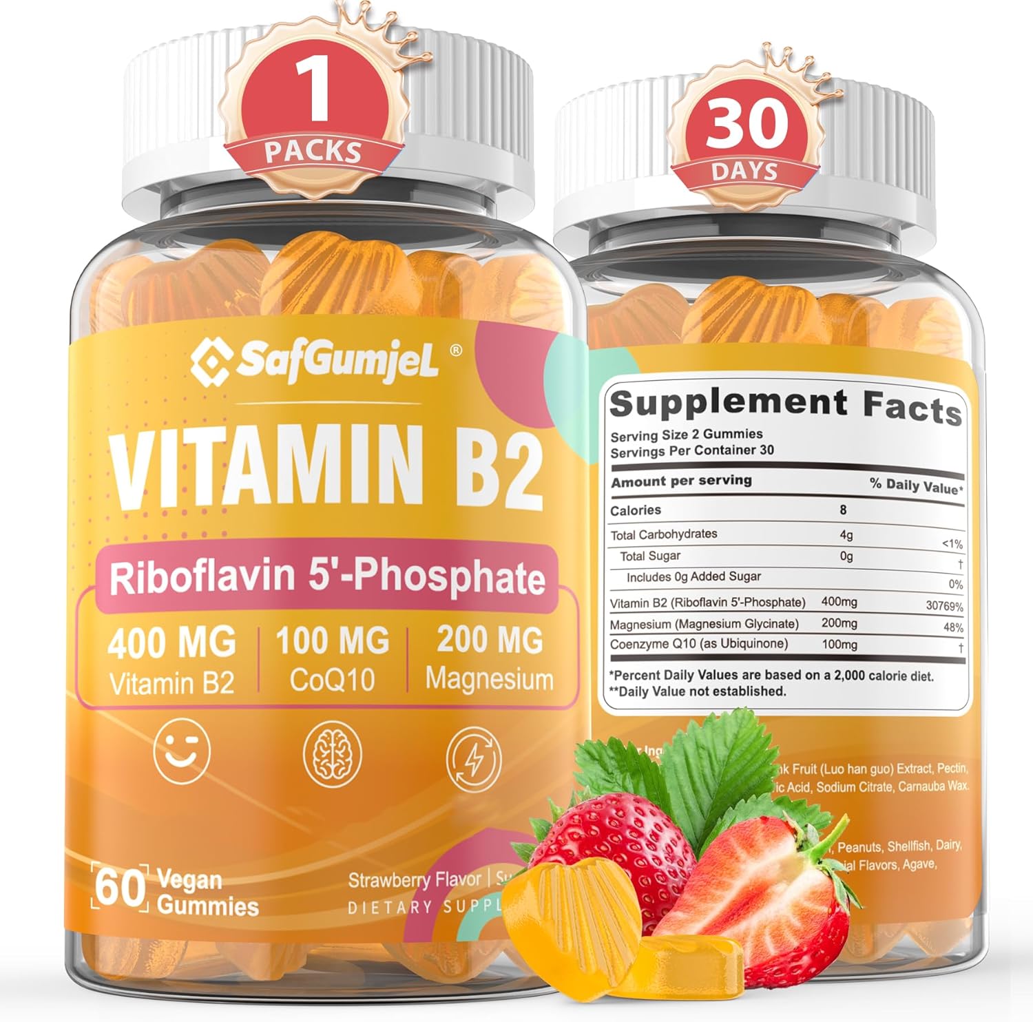 Gominolas de Vitamina B2 400mg – Riboflavina Activa con Magnesio y CoQ10 – Sin Azúcar, Vegano, 60 unidades