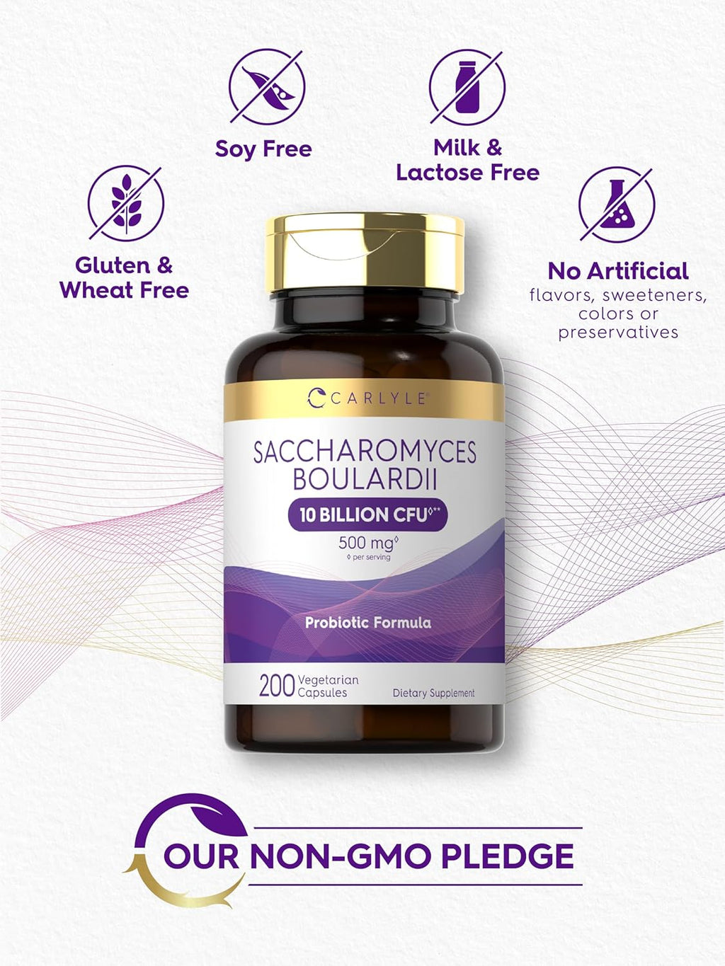 Carlyle Saccharomyces Boulardii Probiótico y Prebiótico | 10 Mil Millones UFC | 200 Cápsulas | Formato Económico | No Transgénico, Sin Gluten