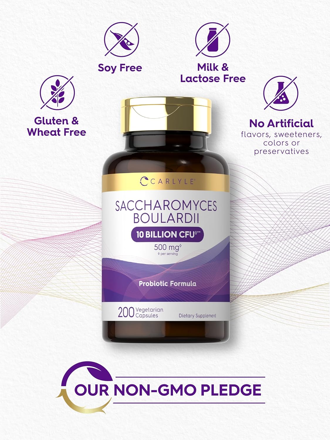 Carlyle Saccharomyces Boulardii Probiótico y Prebiótico | 10 Mil Millones UFC | 200 Cápsulas | Formato Económico | No Transgénico, Sin Gluten