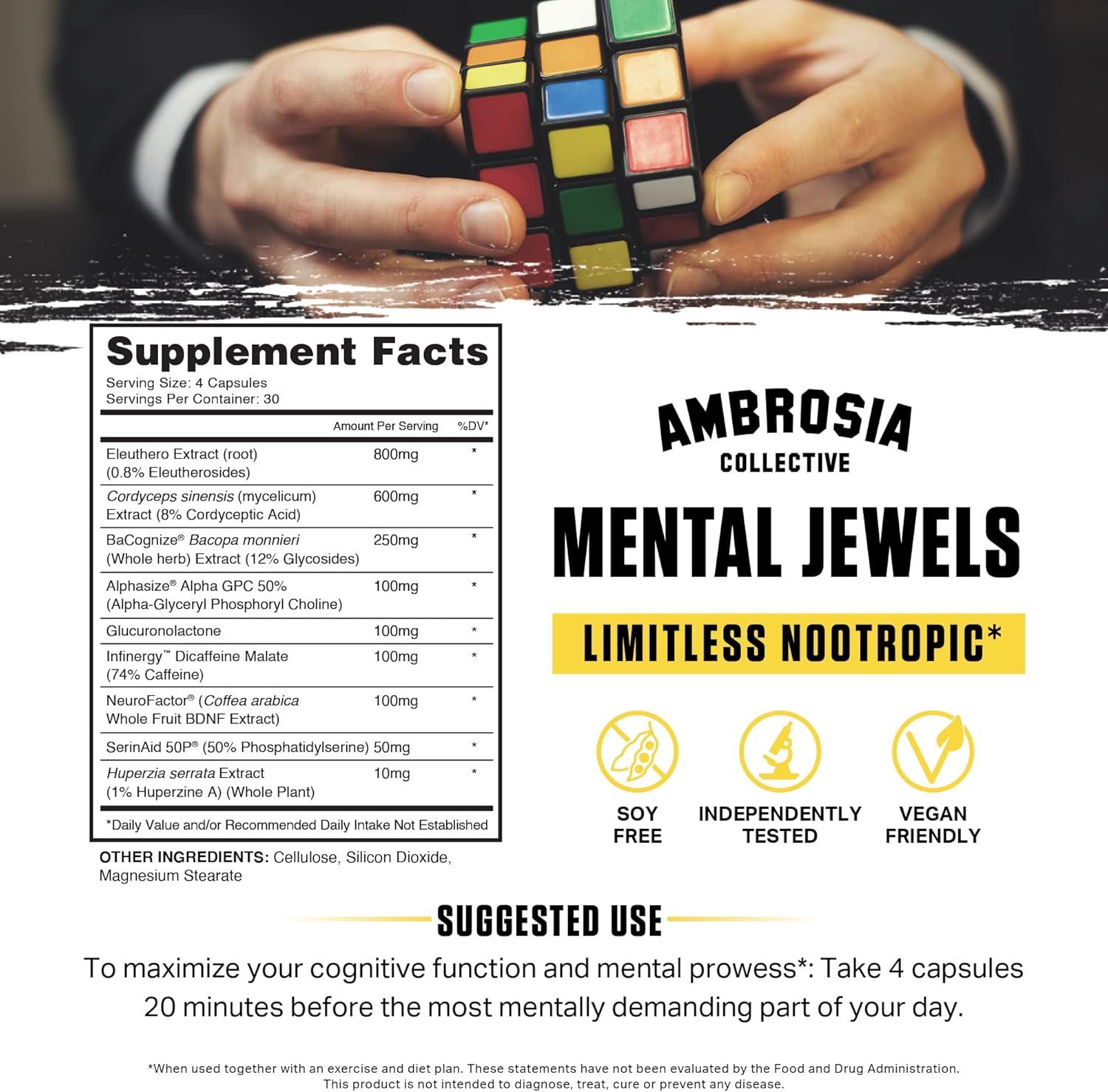 Ambrosia Mental Jewels - Suplemento Nootrópico para Memoria, Enfoque y Concentración con Alpha GPC, Bacopa y Fosfatidilserina - 120 Cápsulas Veganas