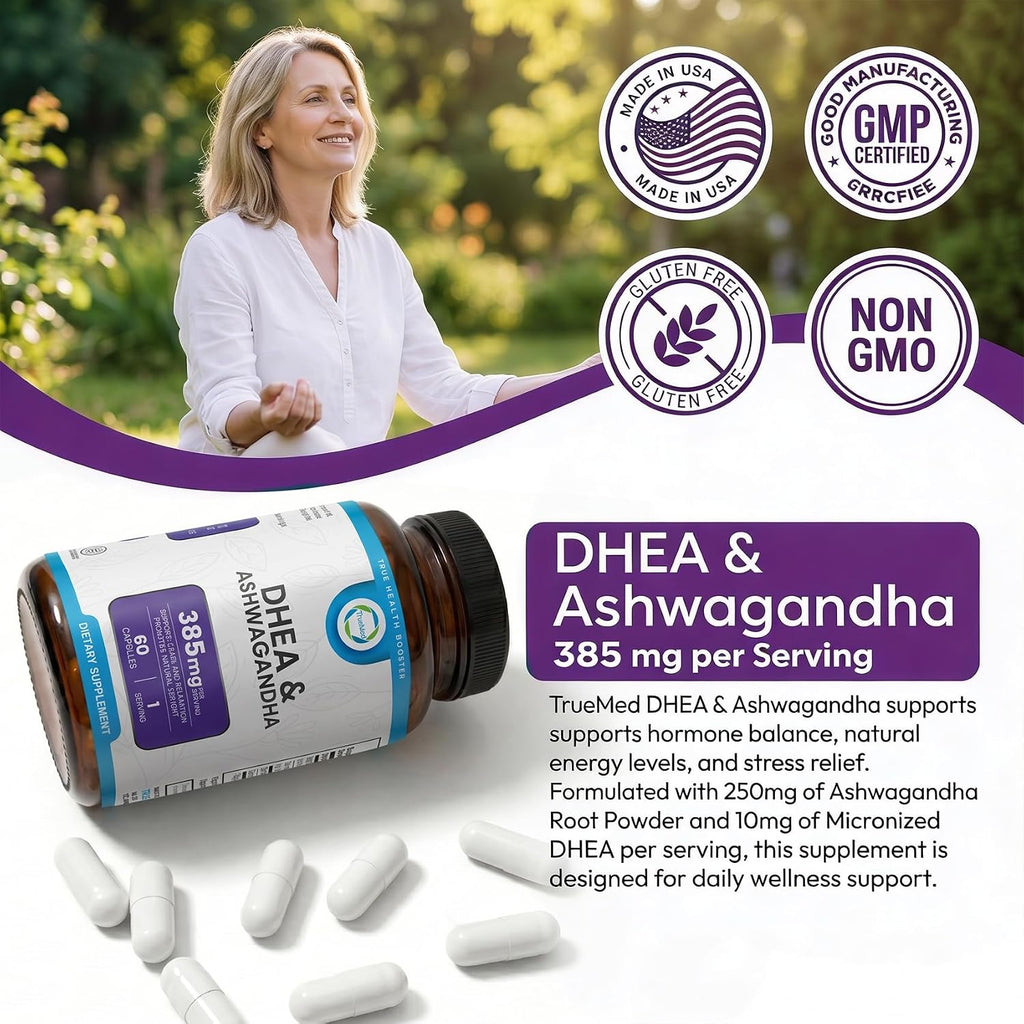 TRUEMED DHEA & Ashwagandha 385mg – Ashwagandha 250mg, DHEA 10mg, Vitamina C y B6 – Apoya la Relajación, Energía Natural y Estado de Ánimo Equilibrado – 60 Cápsulas Veganas