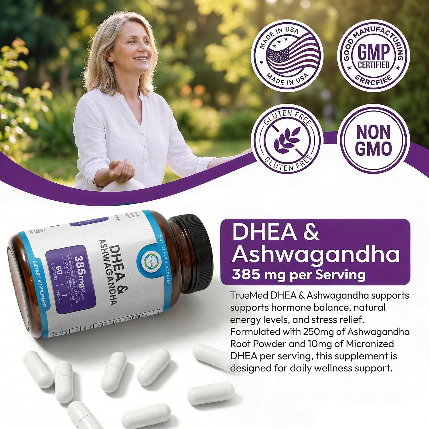 TRUEMED DHEA & Ashwagandha 385mg – Ashwagandha 250mg, DHEA 10mg, Vitamina C y B6 – Apoya la Relajación, Energía Natural y Estado de Ánimo Equilibrado – 60 Cápsulas Veganas