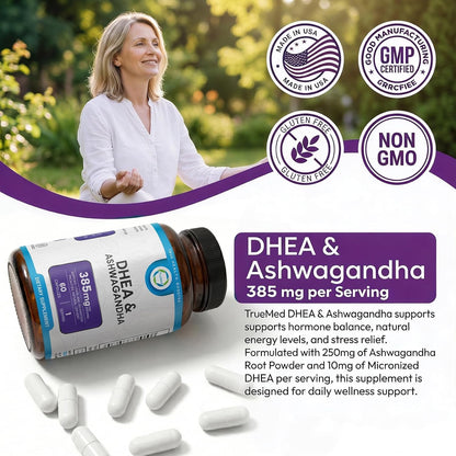 TRUEMED DHEA & Ashwagandha 385mg – – Dosificación: La combinación de 250 mg de ashwagandha y 10 mg de DHEA es – Image 6