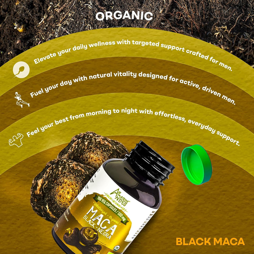 Cápsulas de Maca Negra Orgánica - 1500 mg por Dosis - Vegano y Sin Gluten