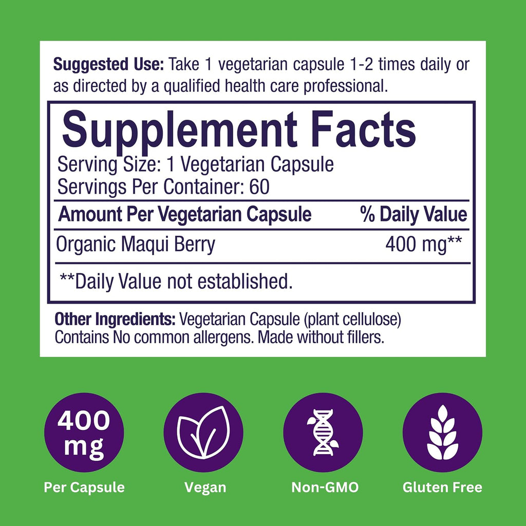 Paradise Herbs, Extracto Orgánico de Baya de Maqui, 400 mg, 60 Cápsulas
