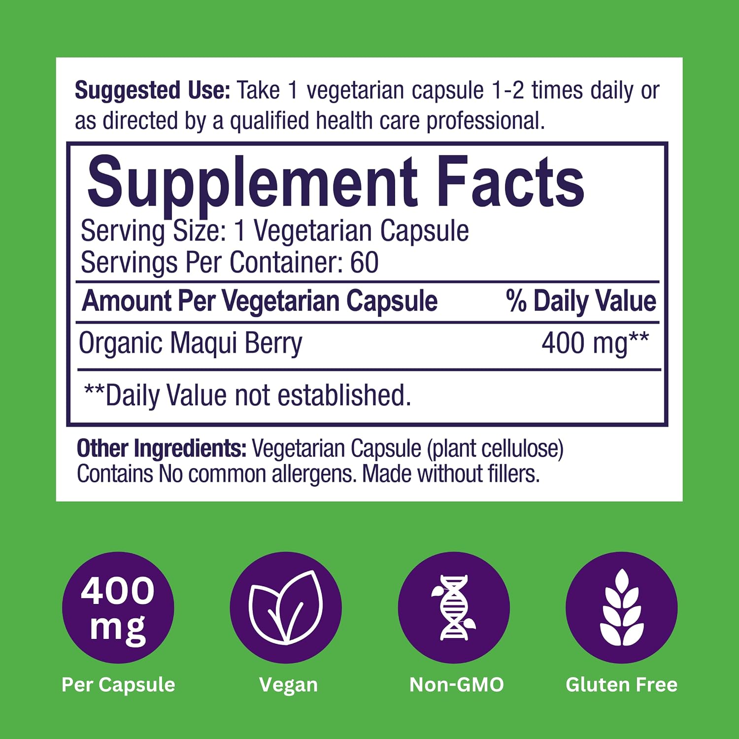 Paradise Herbs, Extracto Orgánico de Baya de Maqui, 400 mg, 60 Cápsulas