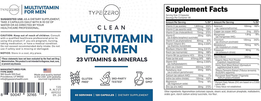 Type Zero Multivitamin Capsules for Men (120 Cápsulas) - Multivitamínico para Hombres, Sin Gluten