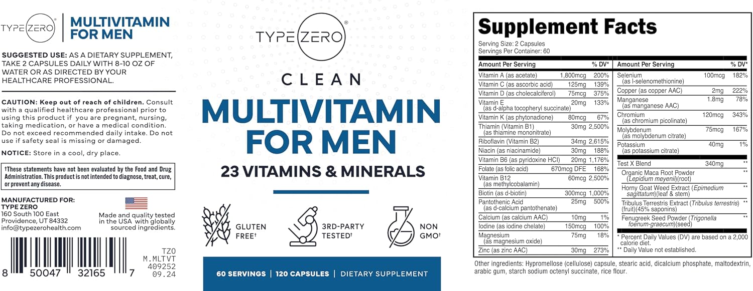Type Zero Multivitamin Capsules for Men (120 Cápsulas) - Multivitamínico para Hombres, Sin Gluten