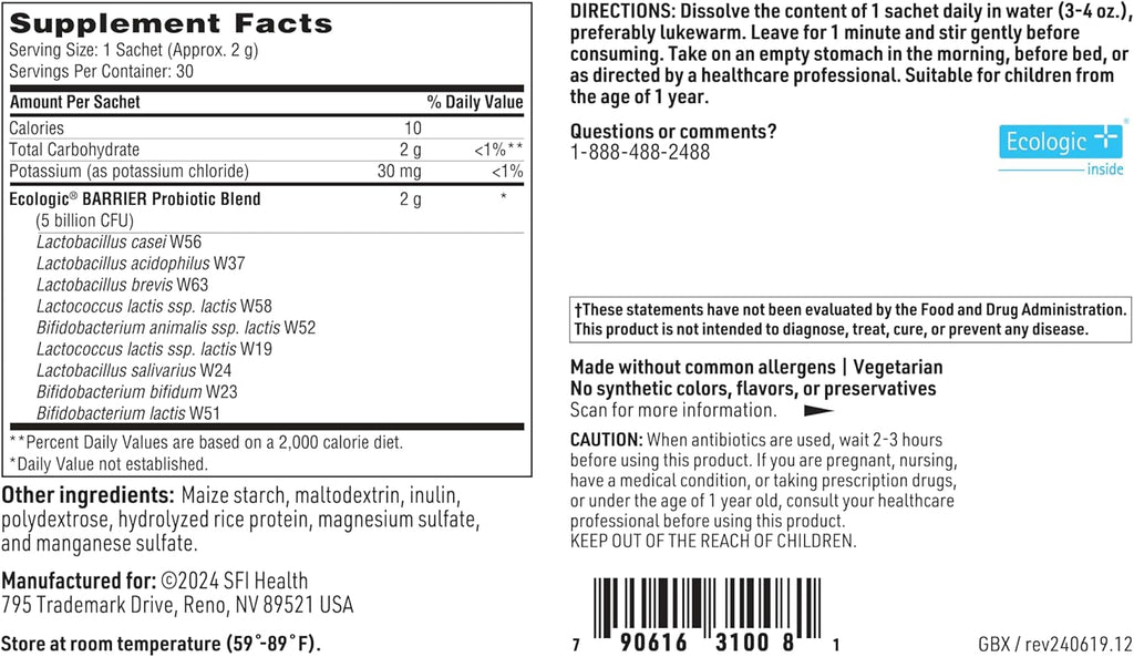 Klaire Labs SFI Health Probiótico en Polvo – Target gb-X con Bifidobacterium y Lactobacillus – 30 sobres