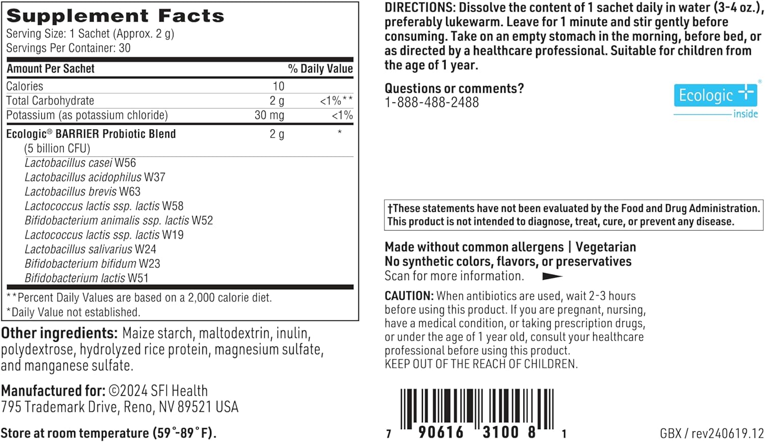 Klaire Labs SFI Health Probiótico en Polvo – Target gb-X con Bifidobacterium y Lactobacillus – 30 sobres
