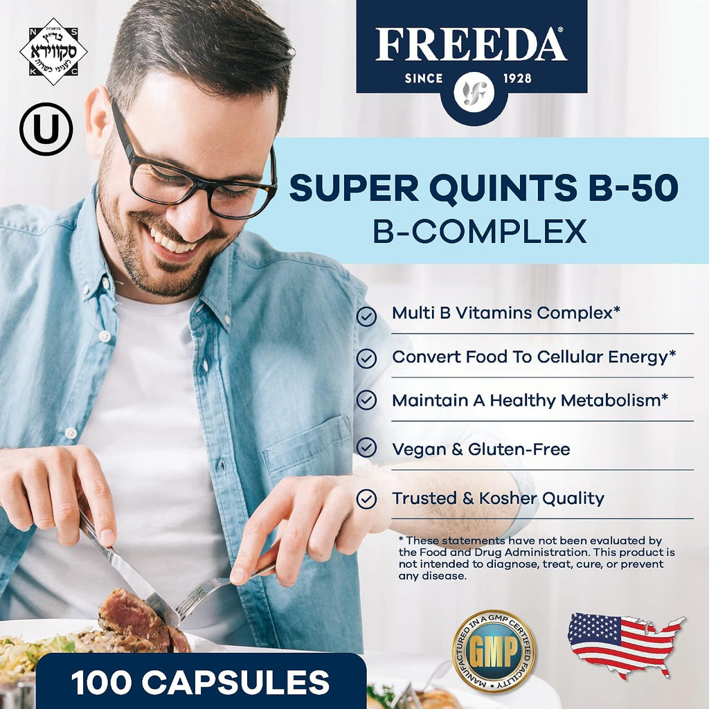 FREEDA Vitamin B-50 Complex – Super Quints B-Complex con B1, B2, B3, B5, B6, Biotina, Folato, B12, Colina e Inositol – 100 Cápsulas Veganas
