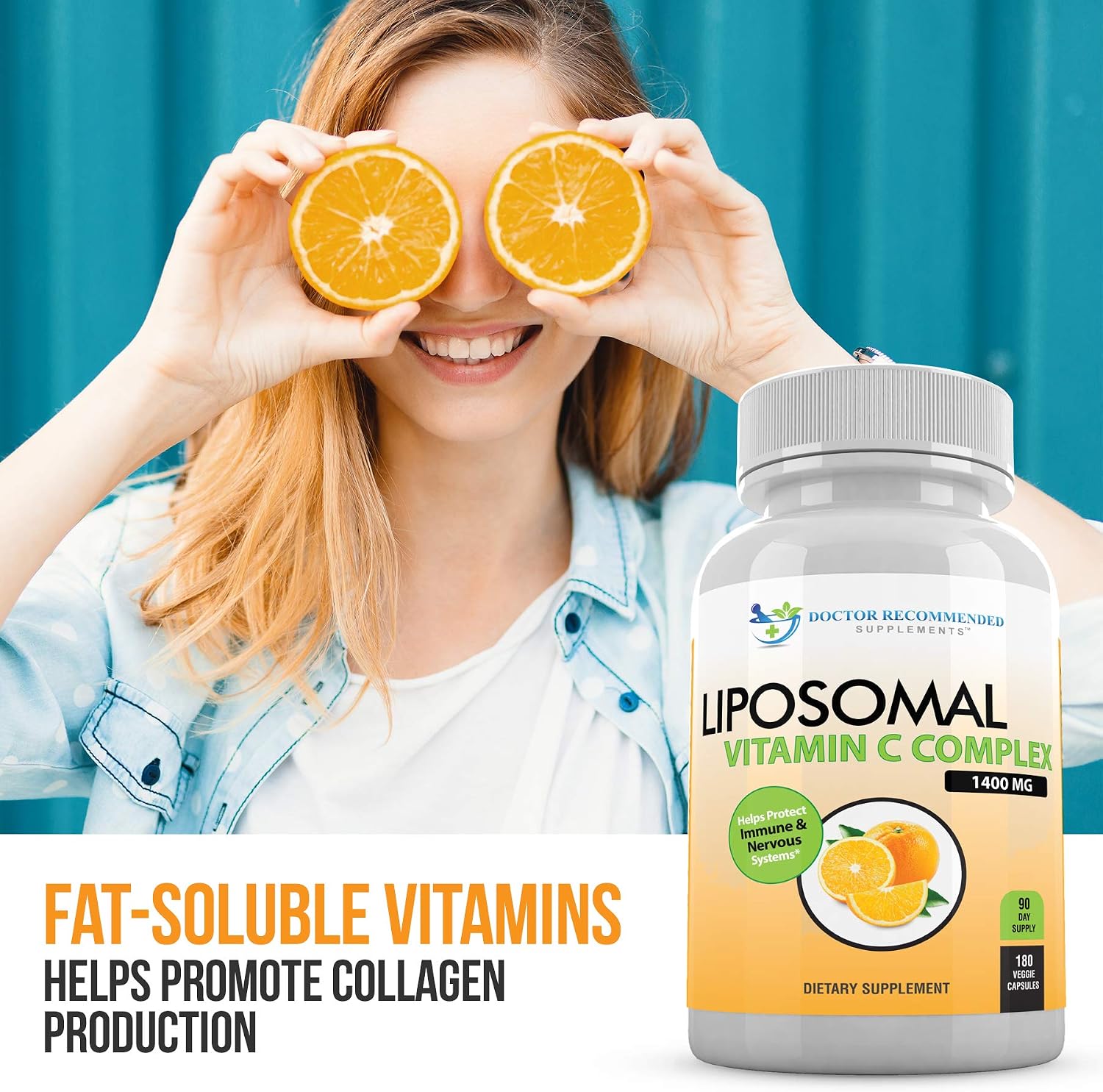 Vitamina C Liposomal 1400mg por Dosis – Alta Absorción, 180 Cápsulas Vegetales (2 Frascos)