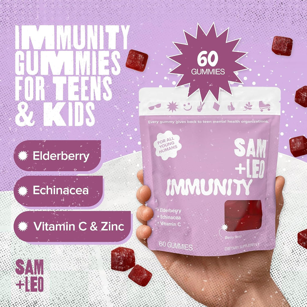 SAM+LEO Gominolas de defensas para niños y adolescentes – Saúco, equinácea, zinc y vitamina C – Sabor a bayas (60 unidades)
