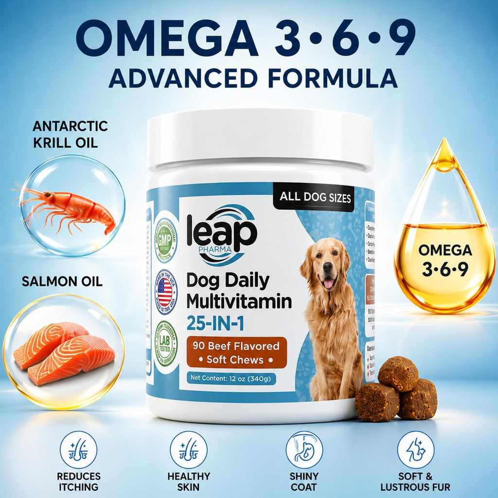 Multivitamínico y Suplemento para Perros con Aceite de Krill, Omega 3,6,9, Pre y Probióticos, Vitaminas Esenciales - Apoyo para Articulaciones, Piel, Pelo, Digestión e Inmunidad (90 Golosinas Blandas)