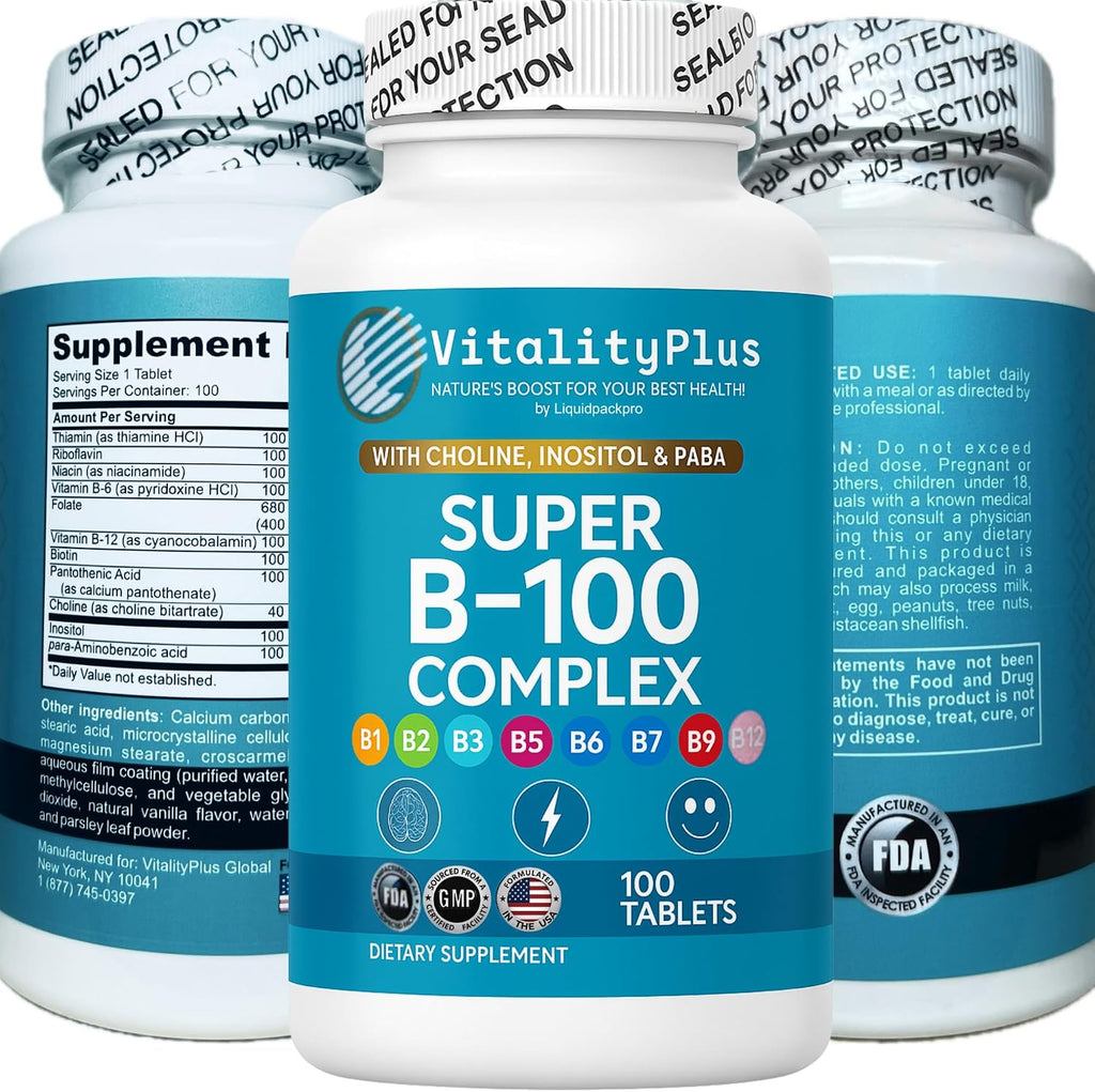 Super B-100 Complex – Complejo de Vitaminas B – Alta Potencia con Colina, Inositol y PABA – 100 Comprimidos