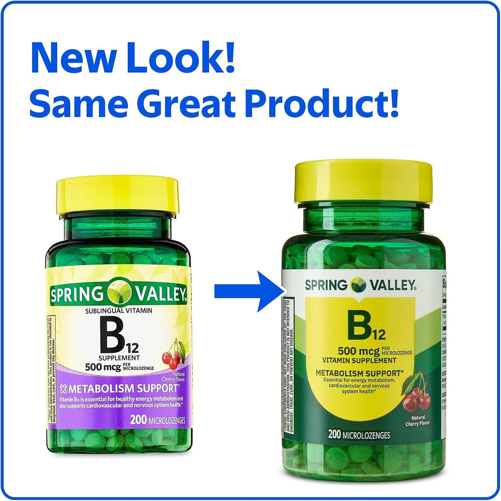 Sublingual B12 500 mcg - Spring Valley - Cherry Flavor - 200 comprimidos