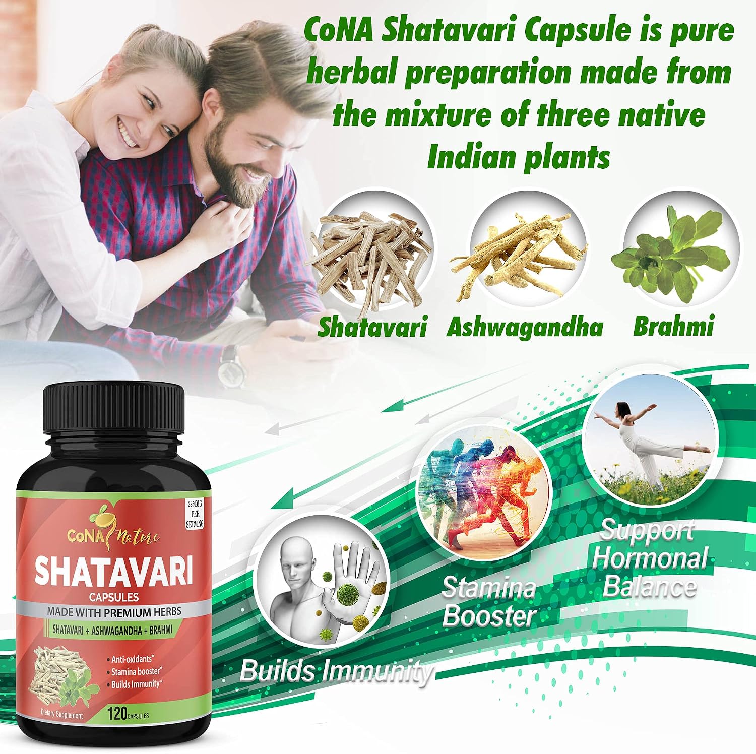 Cona Nature Organic Shatavari Powder Capsules 2250 mg con Ashwagandha y Brahmi | Apoyo a la salud femenina, 120 cápsulas veganas