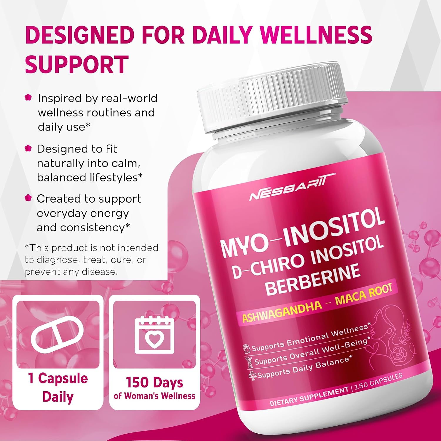 NESSARIT Myo-Inositol, D-Chiro Inositol, Berberina, Ashwagandha y Maca – 150 Cápsulas