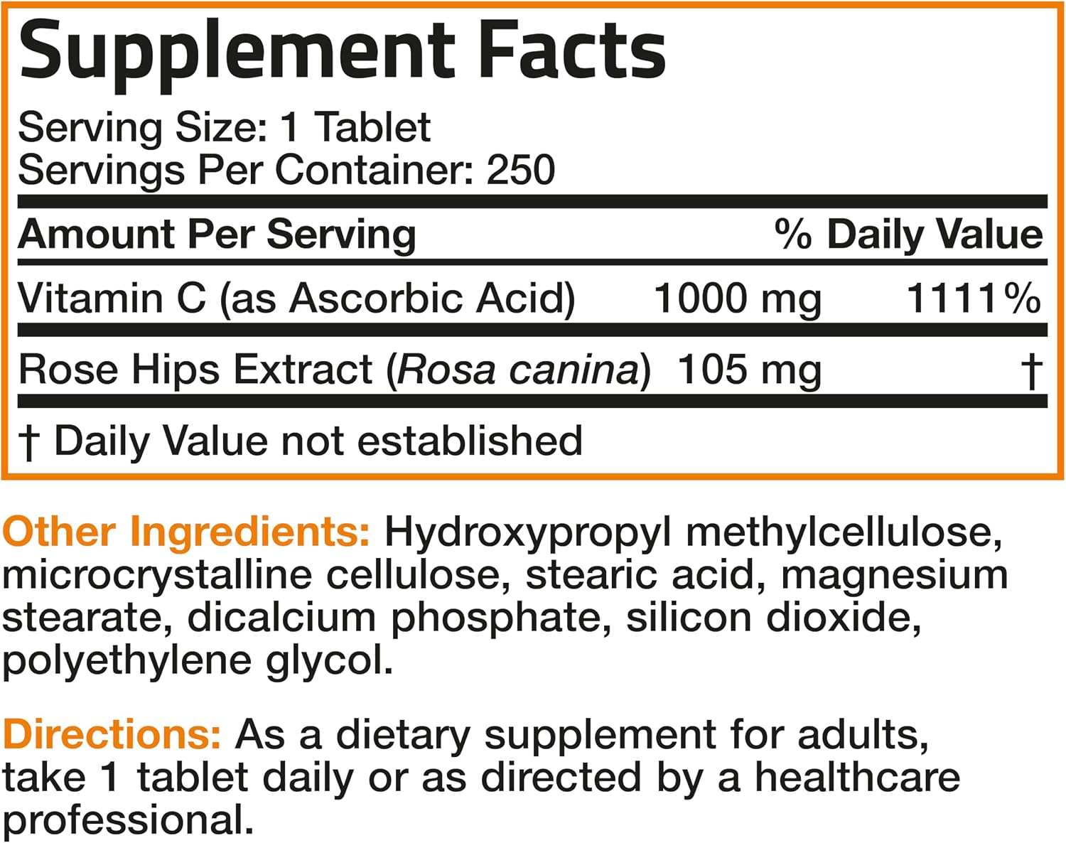 Bronson Vitamina C 1000 mg con Escaramujo - Liberación Sostenida, 250 Comprimidos