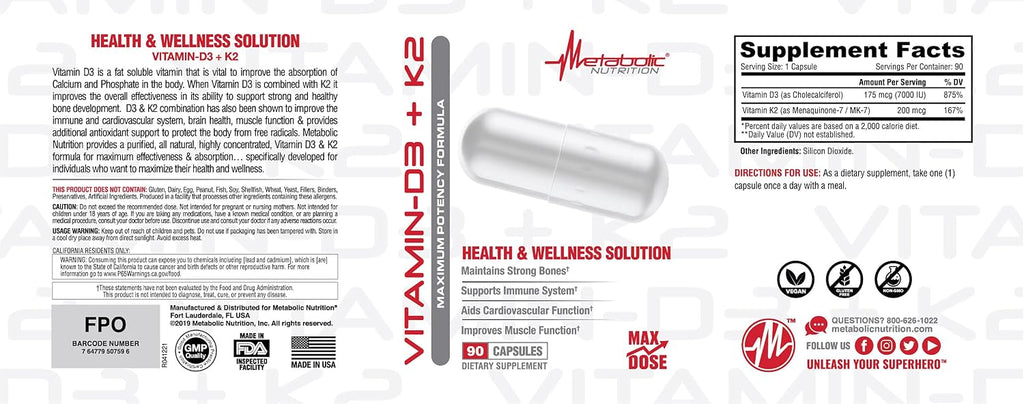 Metabolic Nutrition Vitamina D3 + K2, 7000 UI, 90 Cápsulas Vegetales