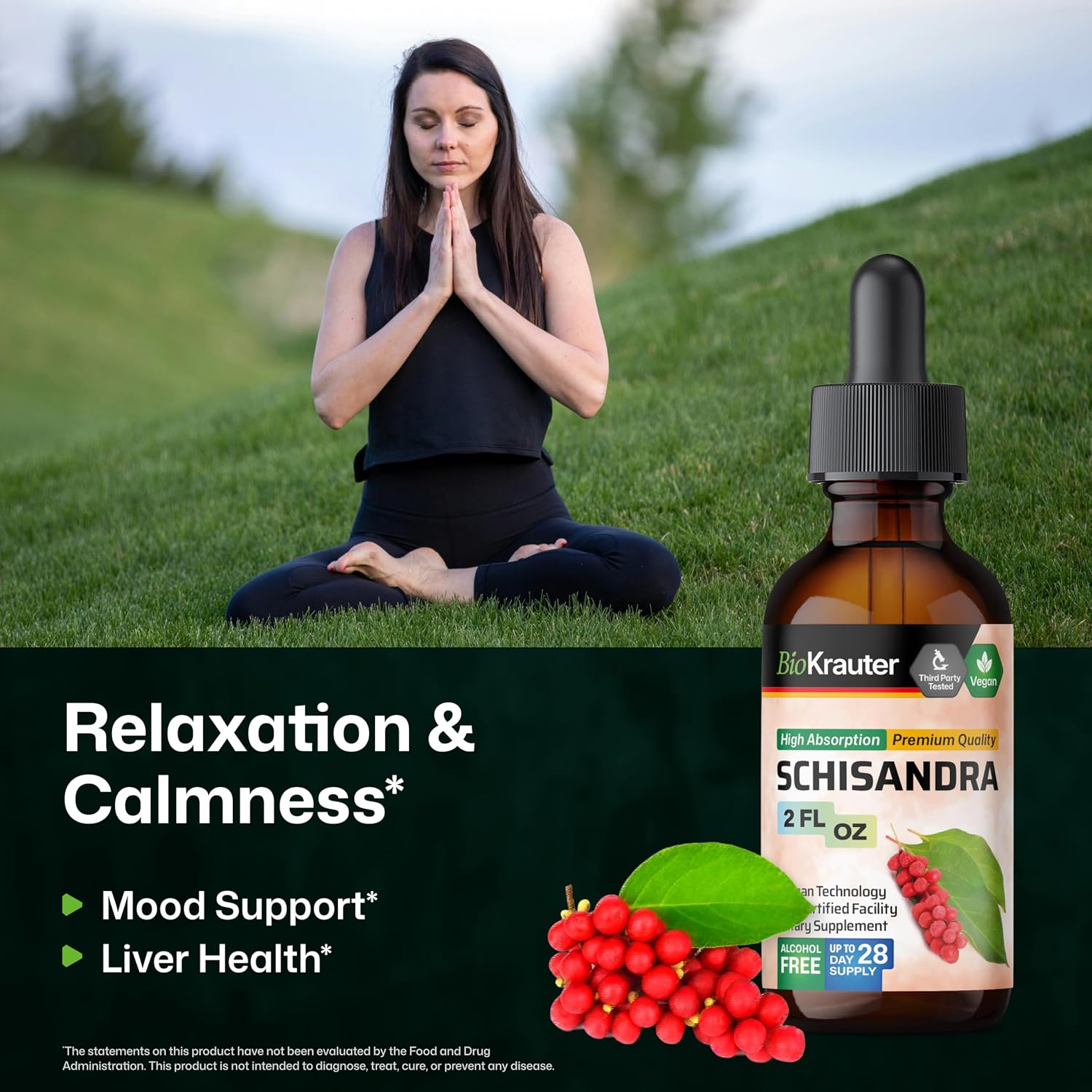BIO KRAUTER Schisandra para la calma y la relajación - Complemento alimenticio vegano - Extracto líquido de baya de Schisandra 60 ml - 650 mg por ración, 28 días