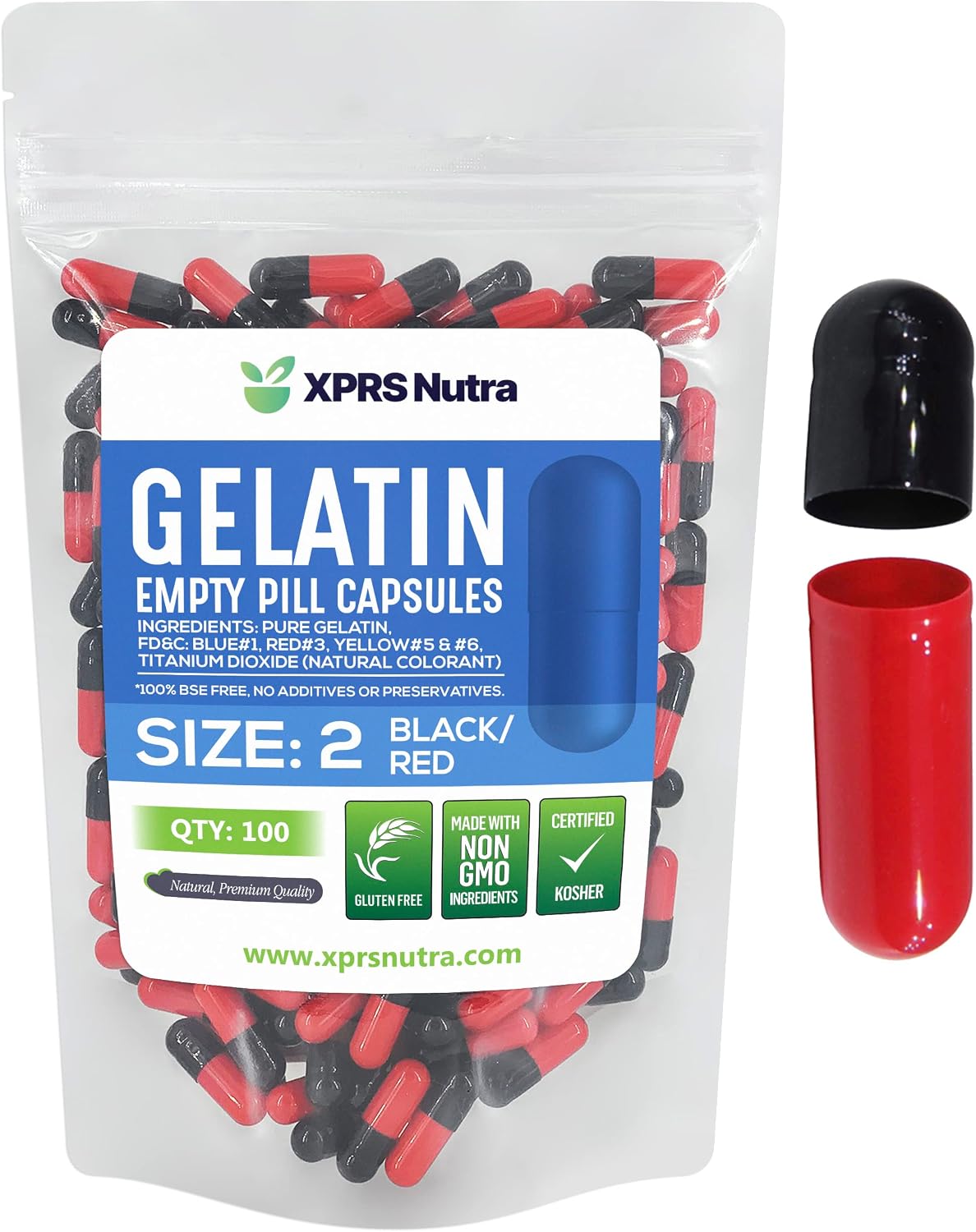XPRS Nutra Cápsulas Vacías Tamaño 2 - 100 Unidades - Cápsulas de Gelatina Vacías para Rellenar (Negro/Rojo)