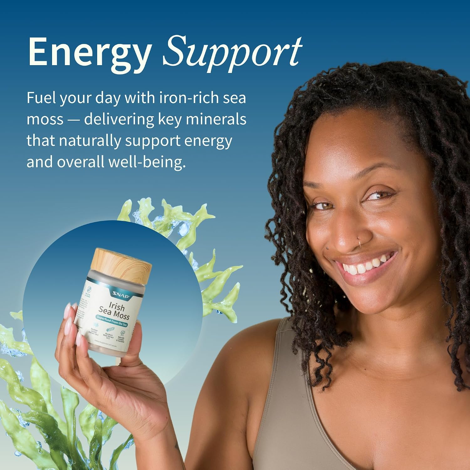 Snap Supplements Irish Sea Moss con Bladderwrack, Burdock Root y Yodo – 60 Cápsulas Veganas