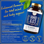 HMB y Vitamina D3 - Suplemento de HMB 1000 mg con Calcio y Vitamina D3 - 180 Cápsulas (90 Días)