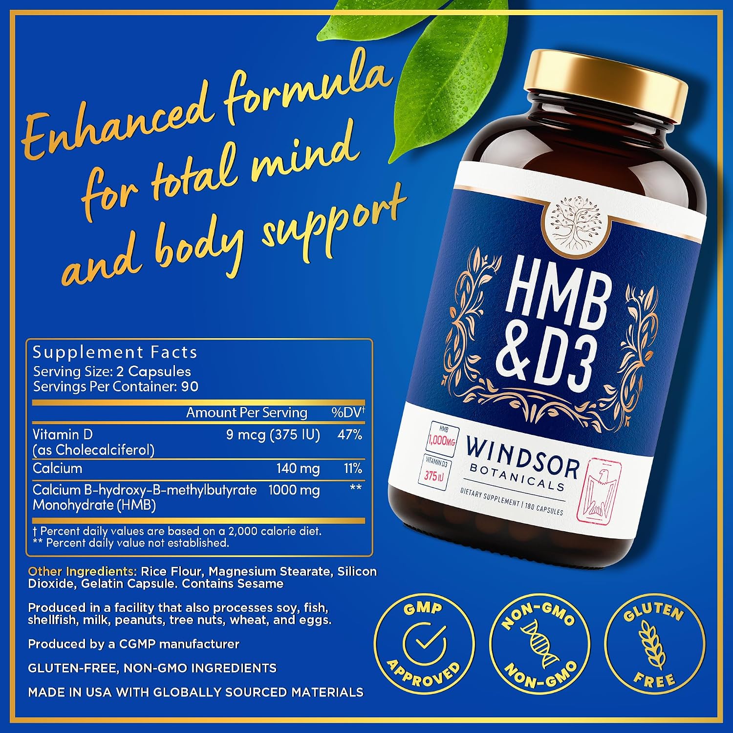 HMB y Vitamina D3 - Suplemento de HMB 1000 mg con Calcio y Vitamina D3 - 180 Cápsulas (90 Días)