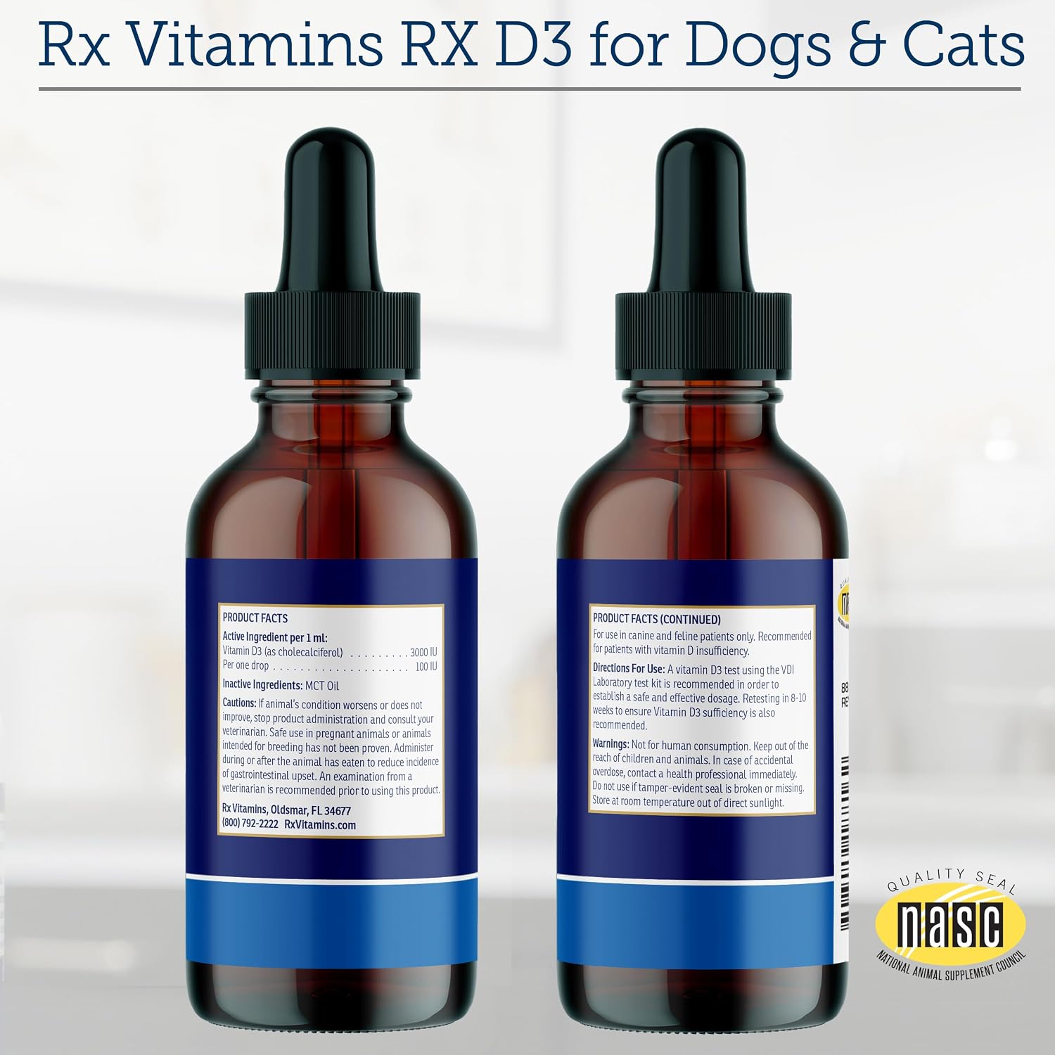 Rx Vitamins Rx D3 - Gotas de vitamina D3 para perros y gatos en aceite MCT (59ml)