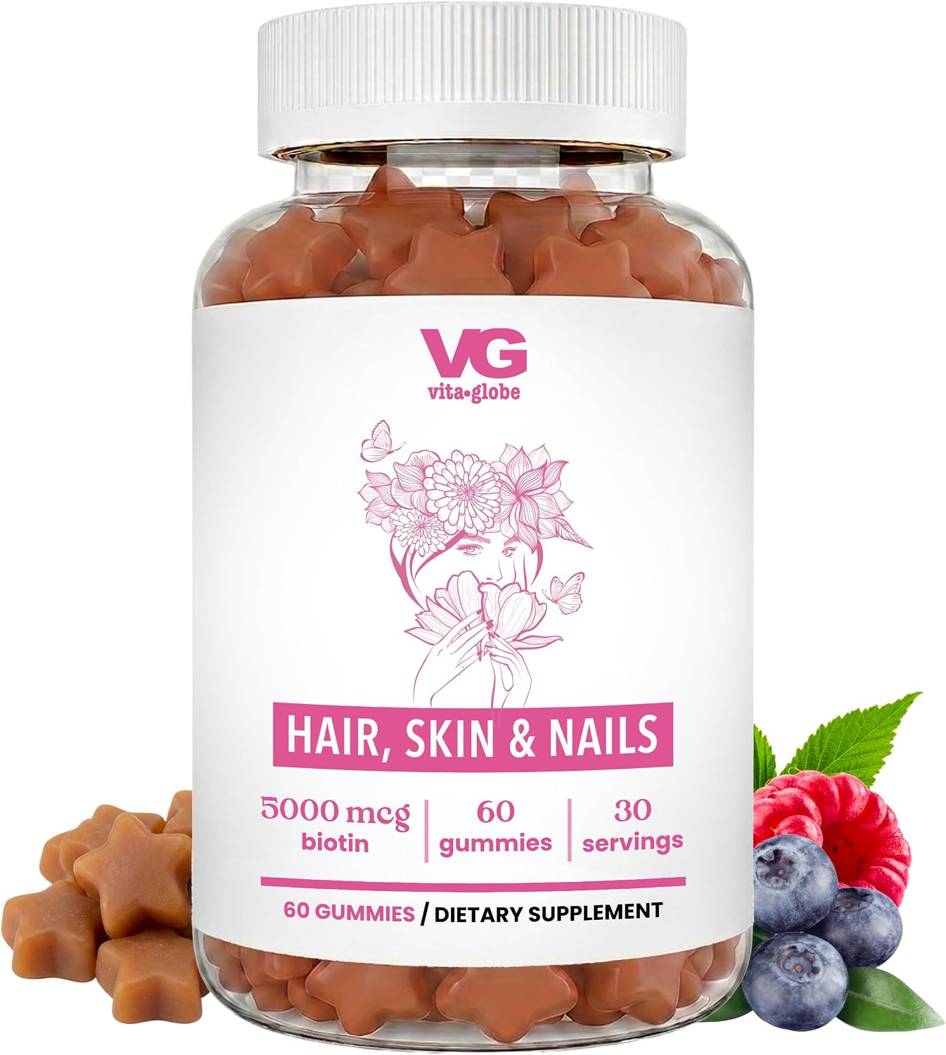VITA GLOBE Hair, Skin & Nails + Collagen Gummies – 20mg con Vitaminas A, C, D, E, B6 y Biotina, Suplemento de Belleza y Bienestar para el Cabello, Piel y Uñas, 60 Gominolas (Envase de 1)