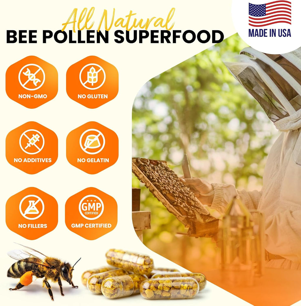 HONEYBEEZONE – Gránulos de Polen de Abeja Crudo 100% en 60 Cápsulas Vegetales – Alto en Complejo B para Metabolismo y Energía – Sin Gluten y No GMO – Proteínas y Antioxidantes