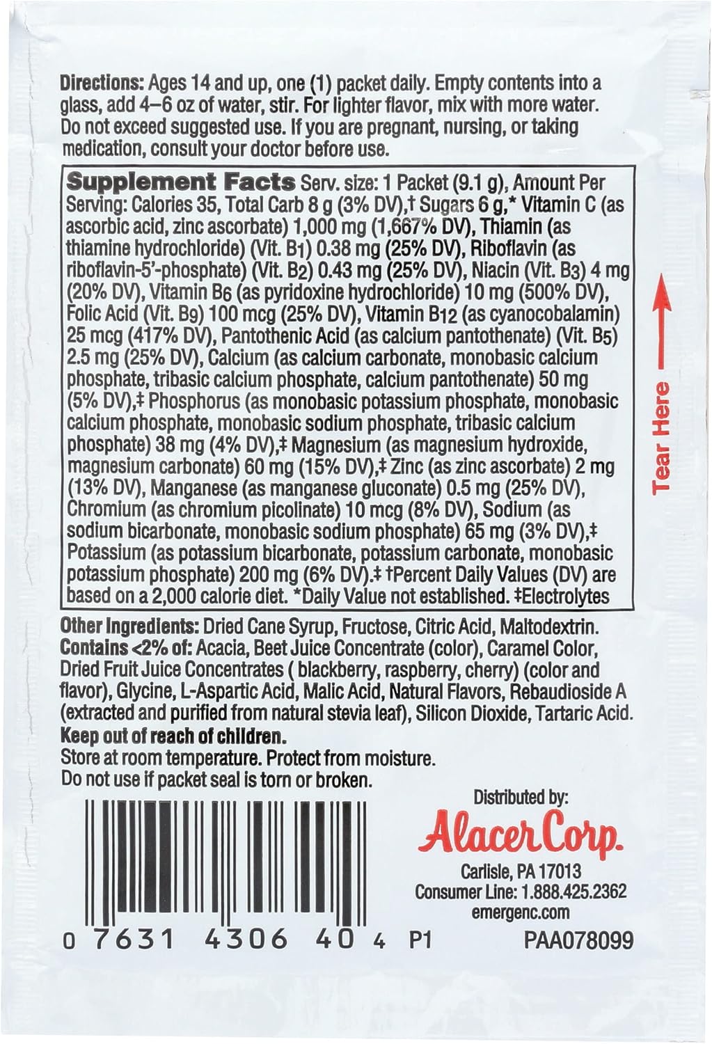 Alacer Emergen-C Frambuesa - Sobre de Vitamina C Efervescente, 0.32 oz