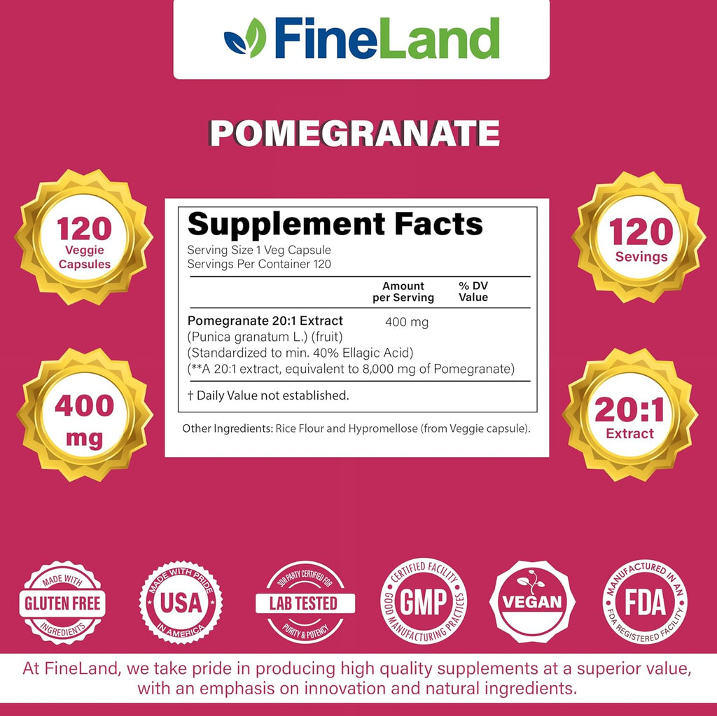FineLand Extracto de Granada 20:1, 40% Ácido Elágico Estandarizado, Suplemento Antioxidante, 120 Cápsulas Veganas