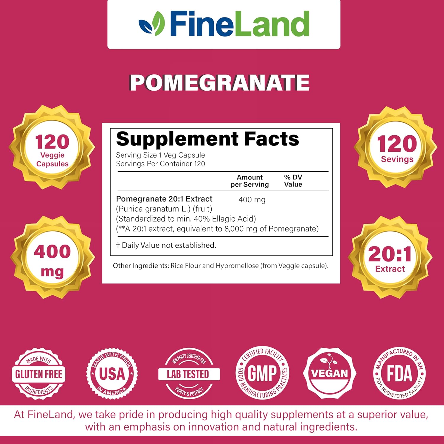 FineLand Extracto de Granada 20:1, 40% Ácido Elágico Estandarizado, Suplemento Antioxidante, 120 Cápsulas Veganas