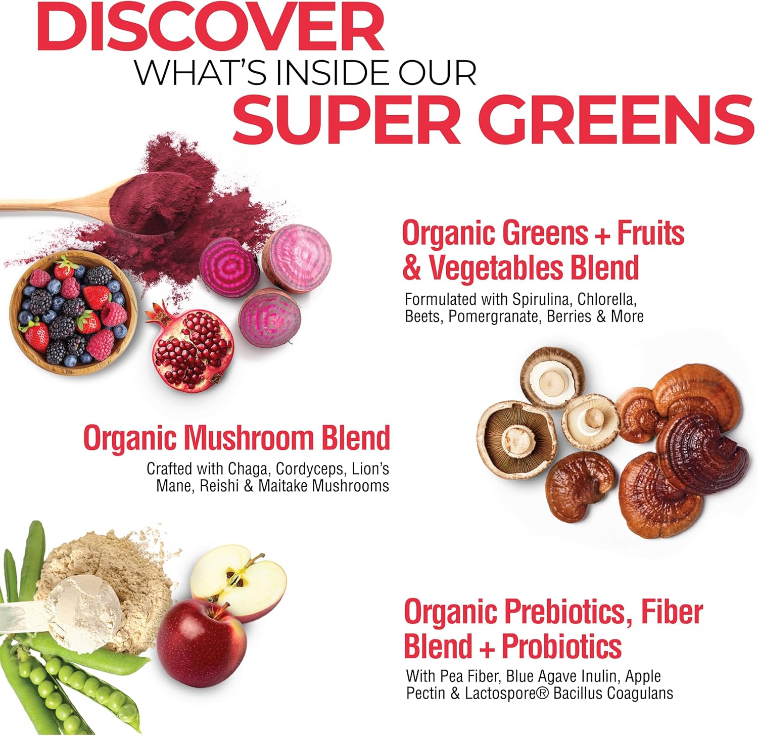 Country Farms Super Greens Power Pack, 50 Superalimentos Orgánicos, Polvo de Verduras con Probióticos para la Salud Digestiva y Alivio de la Hinchazón, Sin Sabor y Frutos del Bosque, 40 Porciones