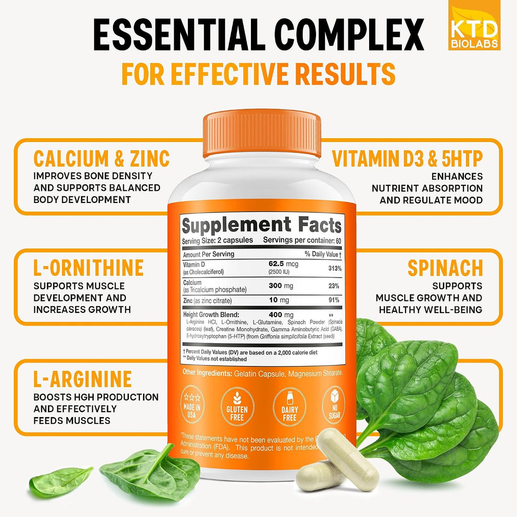 KTD BIOLABS Kids Height Growth Support Capsules – Fórmula de Desarrollo con Calcio, Vitamina D3 y Zinc – Apoyo Óseo y Nutricional para Niños y Adolescentes – Mezcla de Aminoácidos – 120 Cápsulas