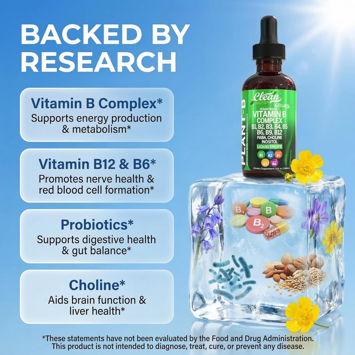 Complejo de Vitaminas B Líquido - Gotas de Vitamina B1, B2, B3, B5, B6, B7, B9, B12, Minerales y Hierbas - Clean Nutra