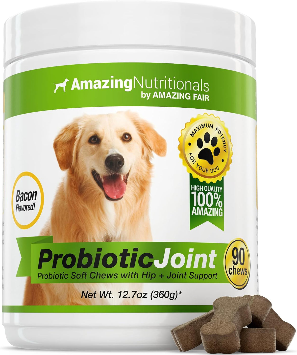 Amazing Probiotics for Dogs Eliminates Diarrhea and Gas with Hip Joint Pain Relief, 90 Bacon Soft Chews – Image 1