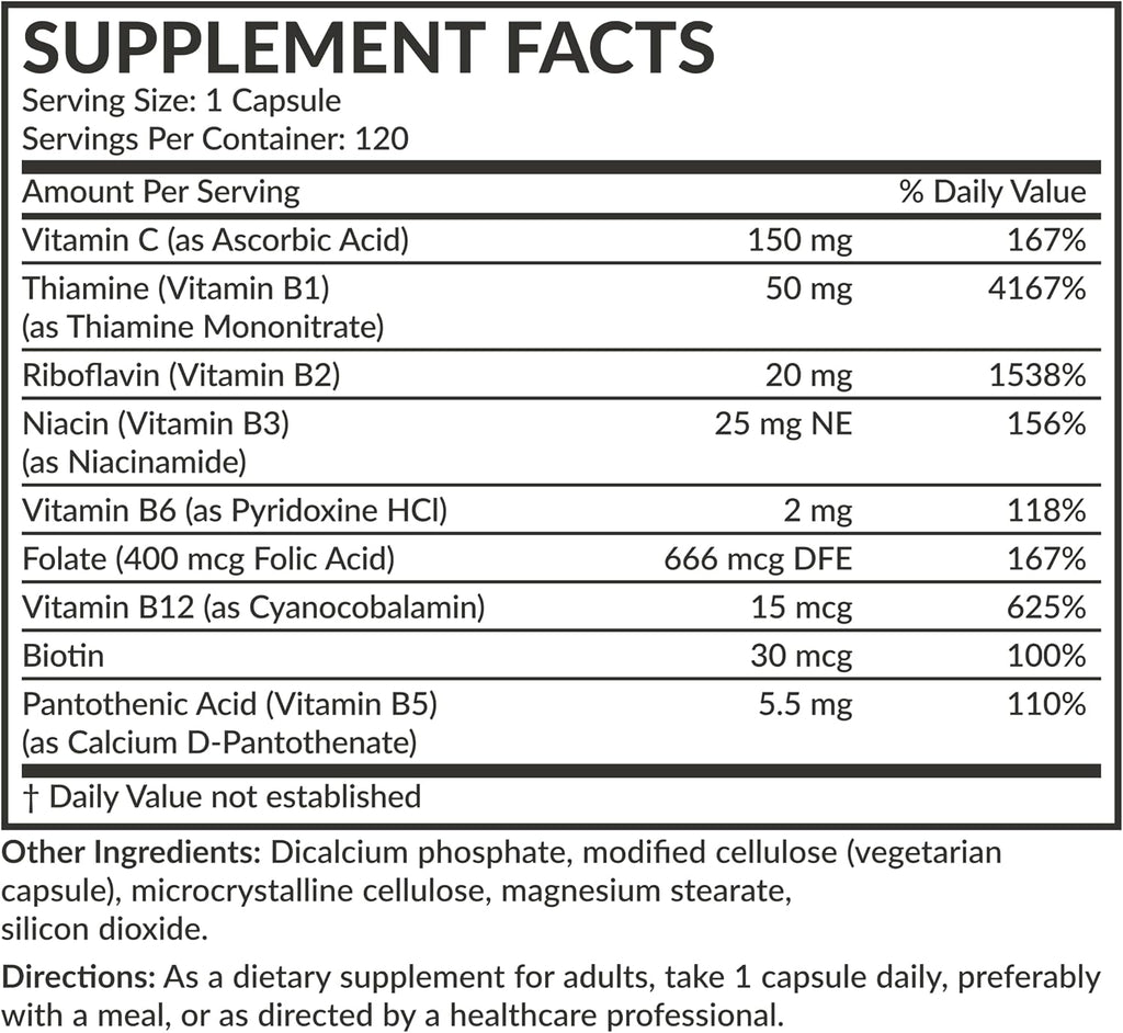 Futurebiotics Complejo B con Vitamina C - Apoya la Producción de Energía, Sistema Nervioso y Sistema Inmunológico - Non-GMO, 120 Cápsulas Vegetales