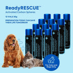 READYRESCUE Microesferas de Carbón Activado para Perros y Gatos - Kit esencial de primeros auxilios para mascotas - Aglutinante de veneno de acción rápida - Seguro y listo para llevar - 30g Pack de 12