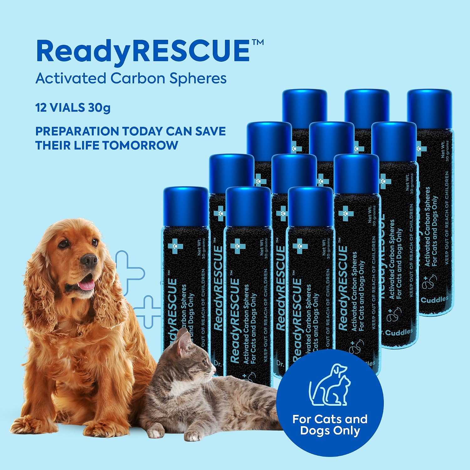 READYRESCUE Microesferas de Carbón Activado para Perros y Gatos - Kit esencial de primeros auxilios para mascotas - Aglutinante de veneno de acción rápida - Seguro y listo para llevar - 30g Pack de 12