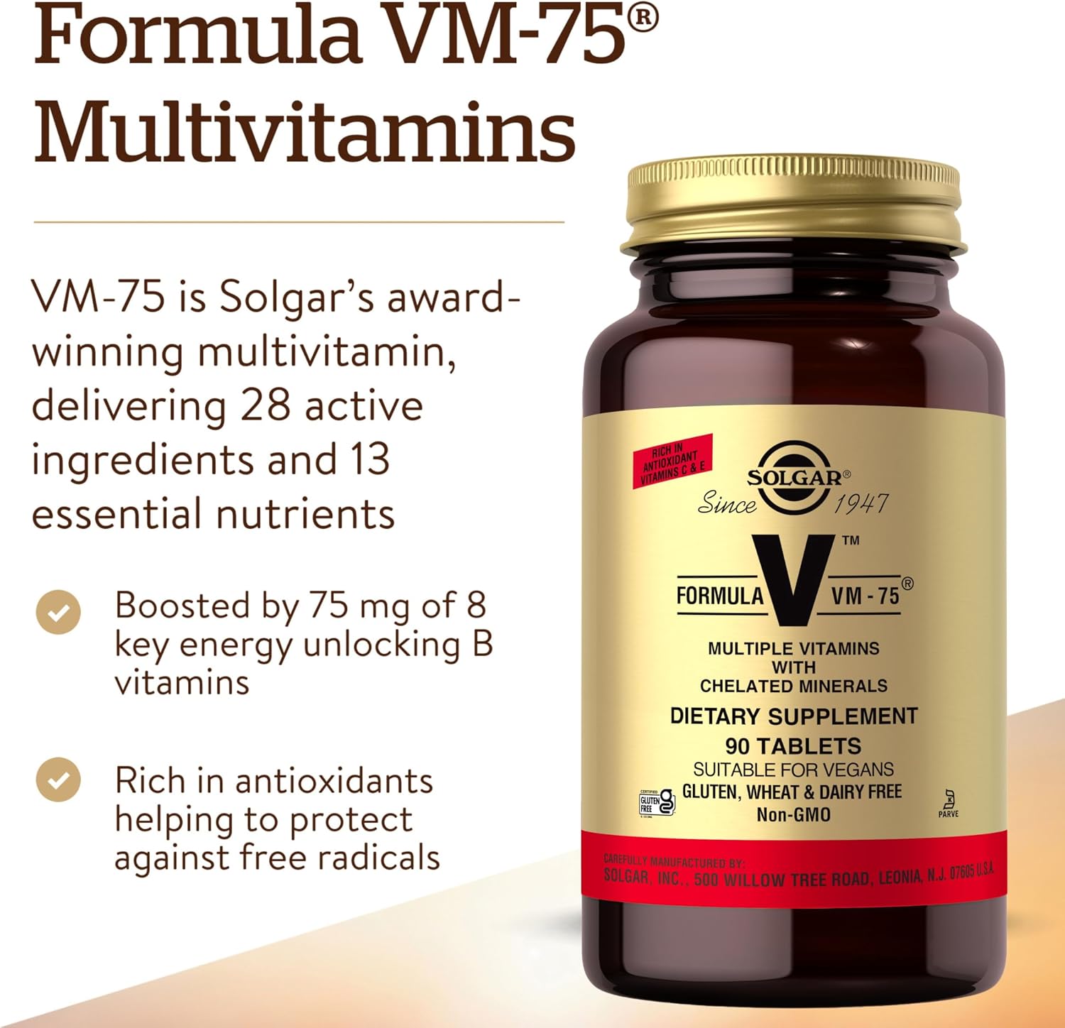 Solgar Formula VM-75, 90 Comprimidos - Multivitamínico con Minerales Quelados - Vitaminas A, B6, B12, C, D, E - Biotina, Magnesio, Calcio, Hierro, Zinc - Vegano, Sin Gluten, Sin Lácteos, Kosher