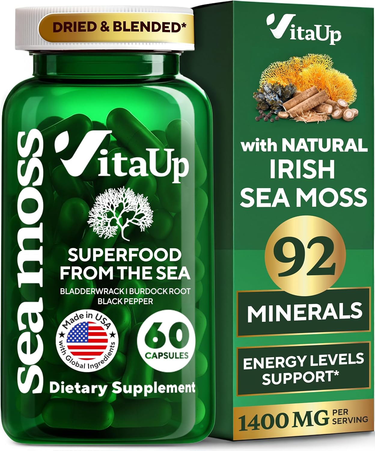 Cápsulas de Musgo de Mar Irlandés Silvestre con Bardana y Fuco - 60 Cápsulas Veganas - VitaUp